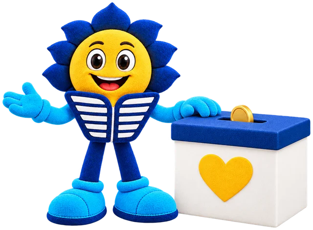 CES mascot standing beside a donation box with a heart on it